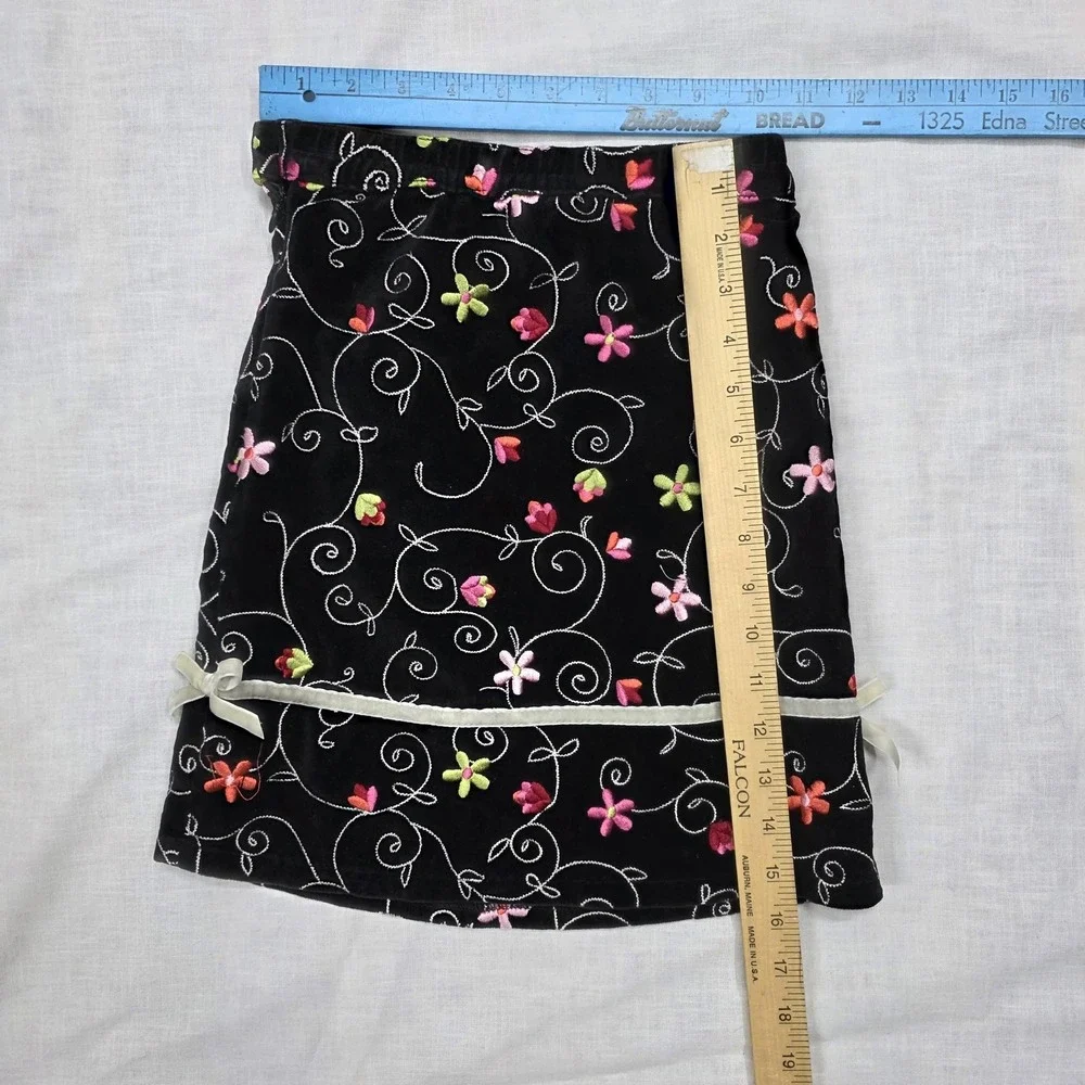 Y2k Children's Place Skirt Girls‎ 6 Vintage Black Velvet Floral Embroidered Bow